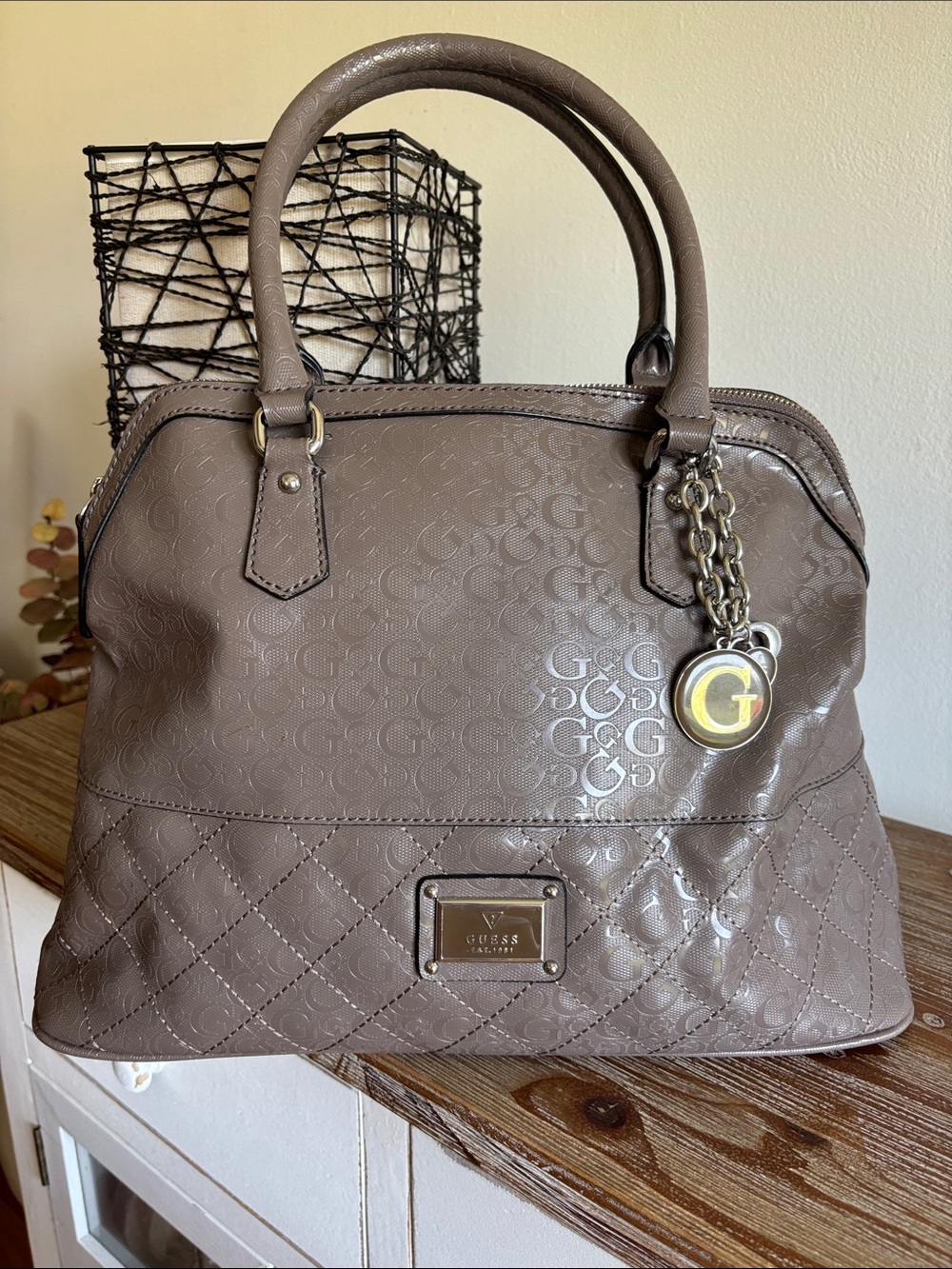 GUESS Taupe Quilted Logo Satchel Handbag
